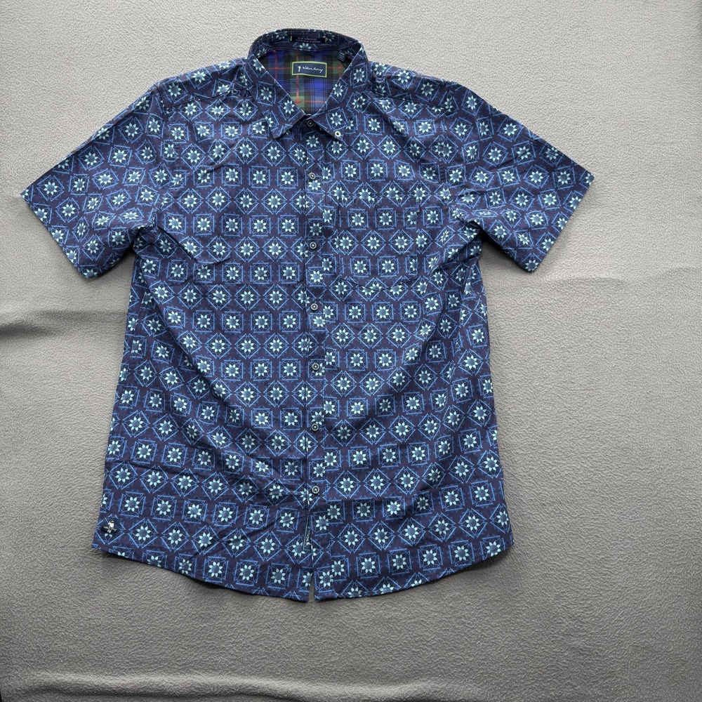 William Murray Shirt Mens Large Blue Geometric Short Sleeve Button Up Stretch